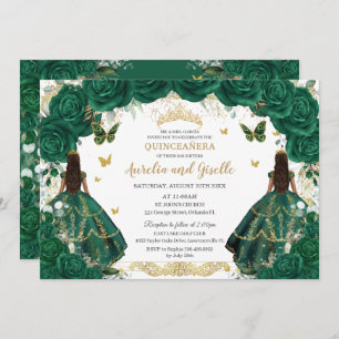 Invitation Twins Quinceañera Princesses Emerald Green Floral