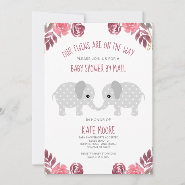Invitation Twins Red Floral Elephant Baby shower par courrier (Devant)