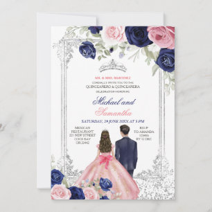 Invitation Twins Rose et Navy Blue Floral Silver Quinceañera