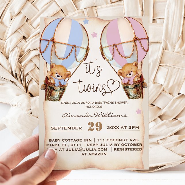 Invitation Twins Rustic Bear Boy & Girl Baby shower bleu rose (Créateur téléchargé)