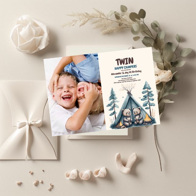 Invitation Twins Rustic One Happy Camper Anniversaire (Créateur téléchargé)