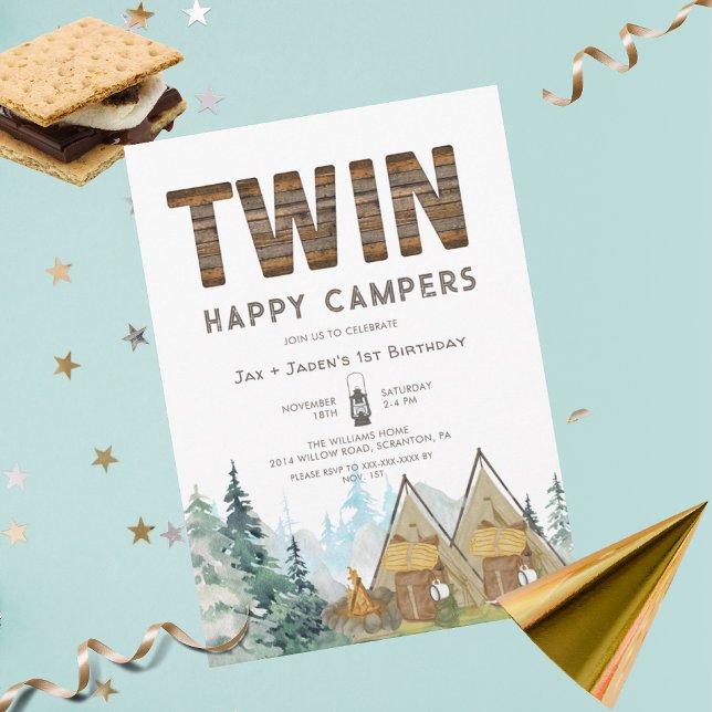 Invitation Twins Rustic One Happy Camper Anniversaire Invitat (Créateur téléchargé)