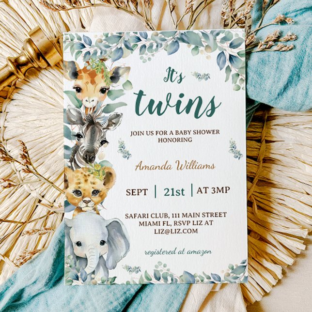 Invitation Twins Safari Animaux Baby shower Boho (Créateur téléchargé)