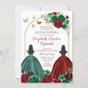 Invitation Twins Soeurs Hunter Green Rose Rouge Quinceañera