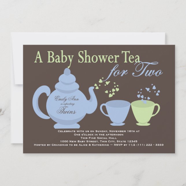 Invitation Twins Tea Party Baby shower bleu vert (Devant)