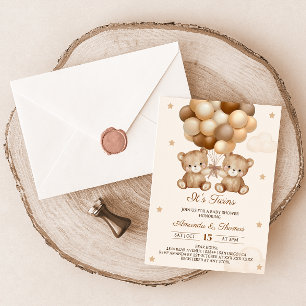Invitation Twins Teddy Bear Baby shower à ballon neutre