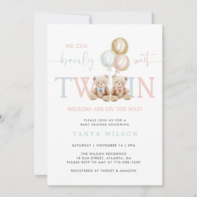 Invitation Twins Teddy Bear Baby shower d'attente (Devant)