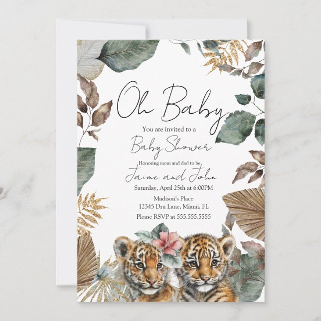 Invitation Twins Tiger Jungle Wild Details Baby Shower (Devant)