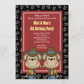 Invitation TWINS Twin Boys Western Cowboy Monkey 5x7 Annivers