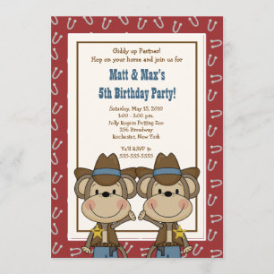 Invitation TWINS Twin Boys Western Cowboy Monkey 5x7 Annivers