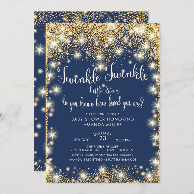 Invitation Twins Twinkle Twinkle Little Stars Baby shower (Devant / Derrière)