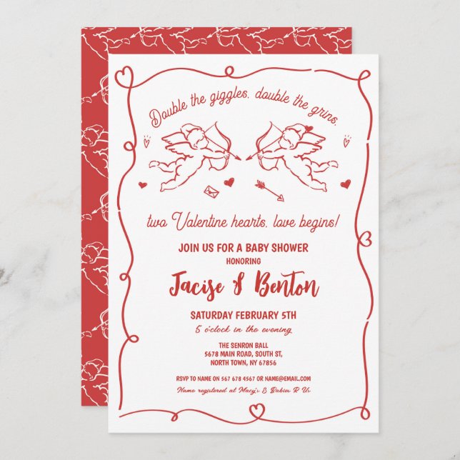 Invitation Twins Valentines Baby shower Cupid Red Boy Love (Devant / Derrière)