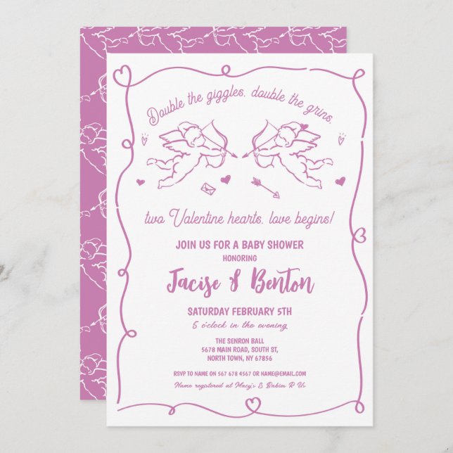 Invitation Twins Valentines Baby shower Cupidon fille rose am (Devant / Derrière)