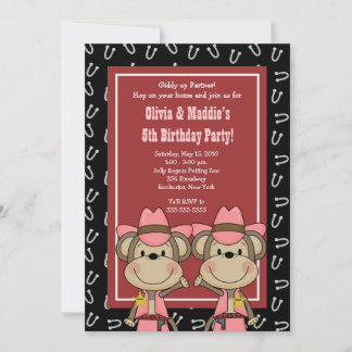 Invitation TWINS Western Cowgirl Monkey 5x7 Anniversaire