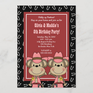 Invitation TWINS Western Cowgirl Monkey 5x7 Anniversaire