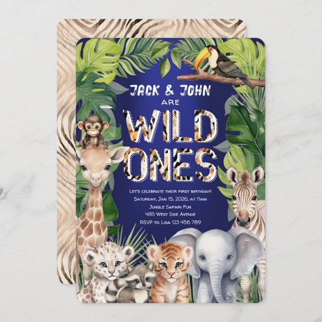 Invitation Twins Wild Ones, Jungle Safari Navy 1er anniversai (Devant / Derrière)
