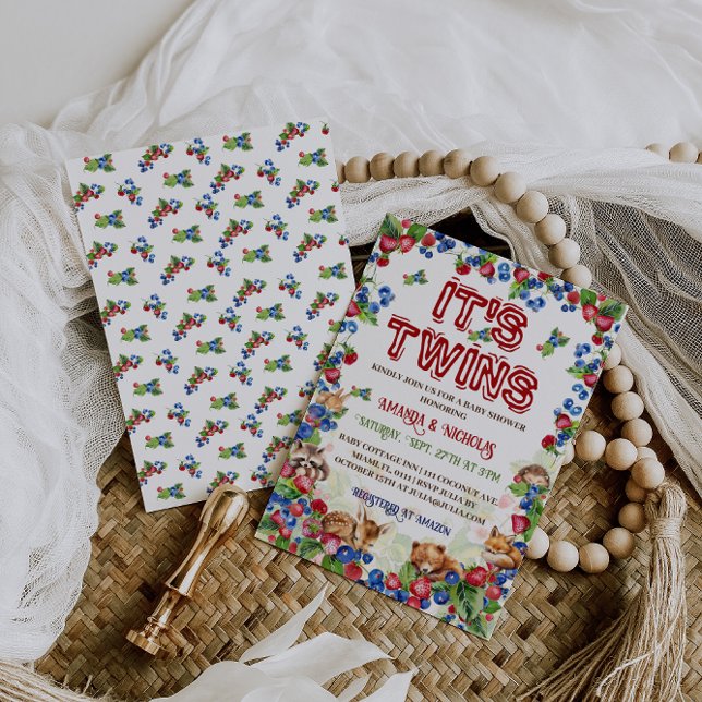 Invitation Twins Woodland Animaux Baby shower rustique (Créateur téléchargé)