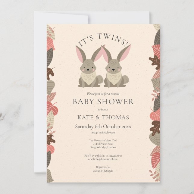 Invitation Twins Woodland Animaux Couples Baby shower (Devant)