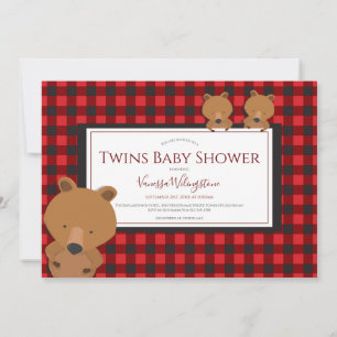 Invitation Twins Woodland Red Plaid Bear Baby shower