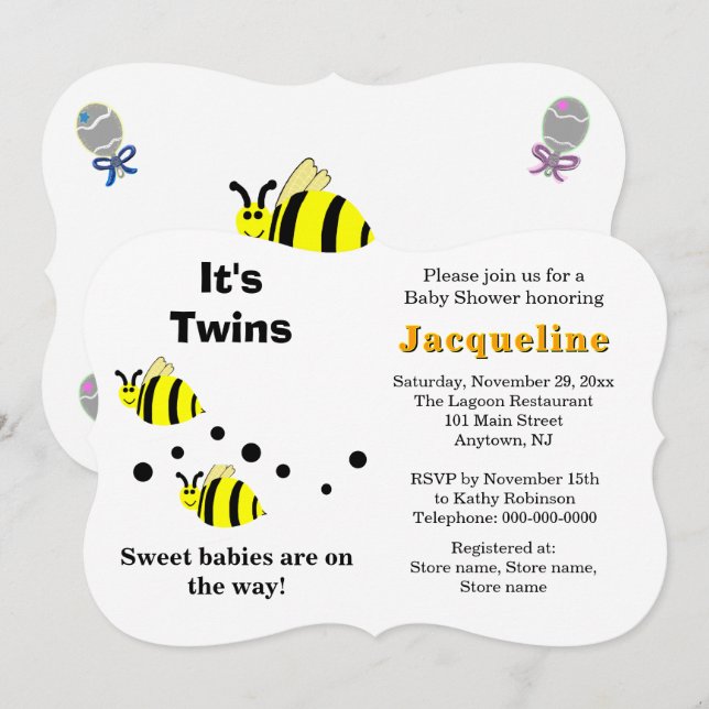 Invitation Twins Yellow Bee Baby Rattles Baby Shower  (Devant / Derrière)
