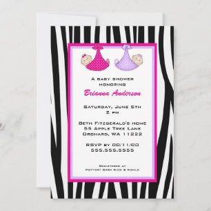 invitation Twins Zebra Hot Pink et Purple Baby sho