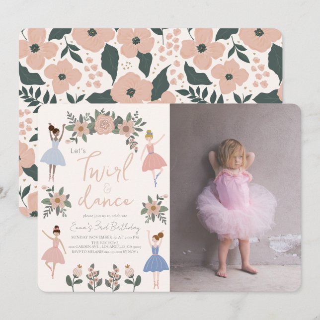 Invitation Twirl & Dance Ballerina Floral Girl Photo Annivers (Devant / Derrière)