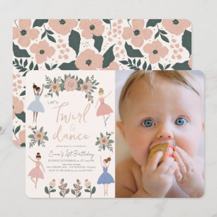 Invitation Twirl & Dance Ballerina Floral Photo 1er Anniversa