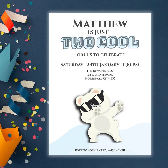 Invitation Two Cool Winter Polar Bear dabbing 2nd bday (Créateur téléchargé)