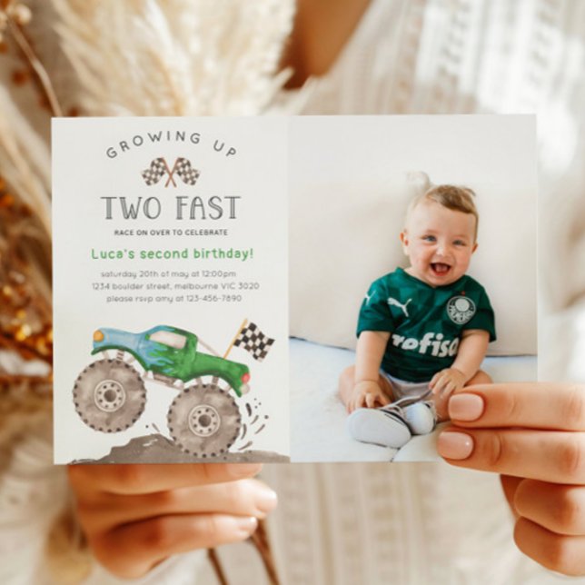 Invitation Two Fast Green Monster Truck Birthday Photo (Créateur téléchargé)
