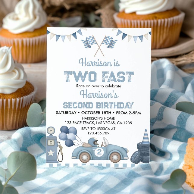 Invitation Two Fast Race Car Blue Boy Birthday Party (Créateur téléchargé)