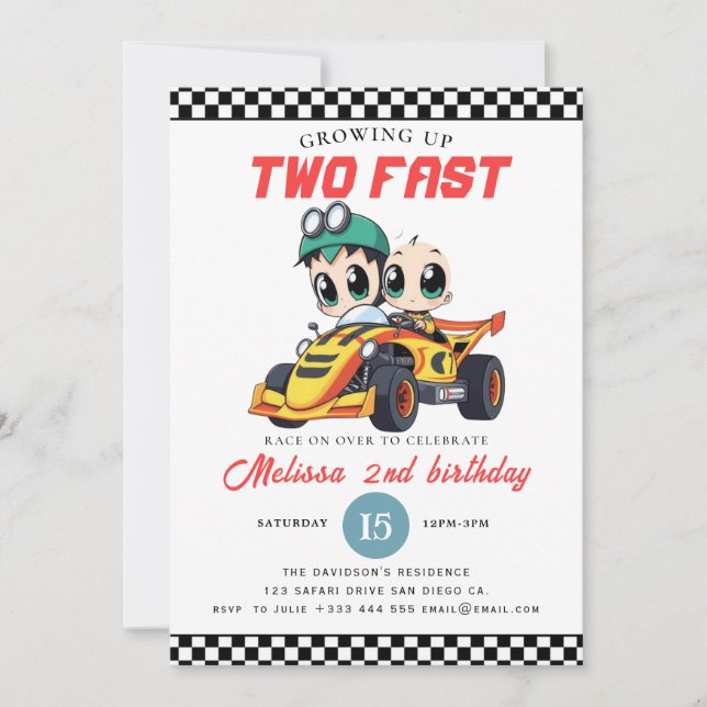 Invitation Two Fast Race Car Boy 2nd Birthday Party (Devant)