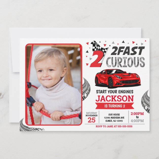 Invitation Two Fast Race Car Boy 2nd Birthday Party Photo (Devant)