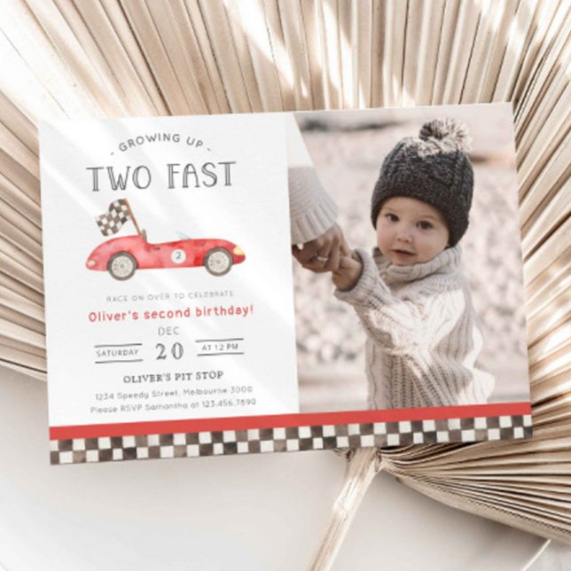 Invitation Two Fast Red Race Car 2nd Birthday Photo (Créateur téléchargé)