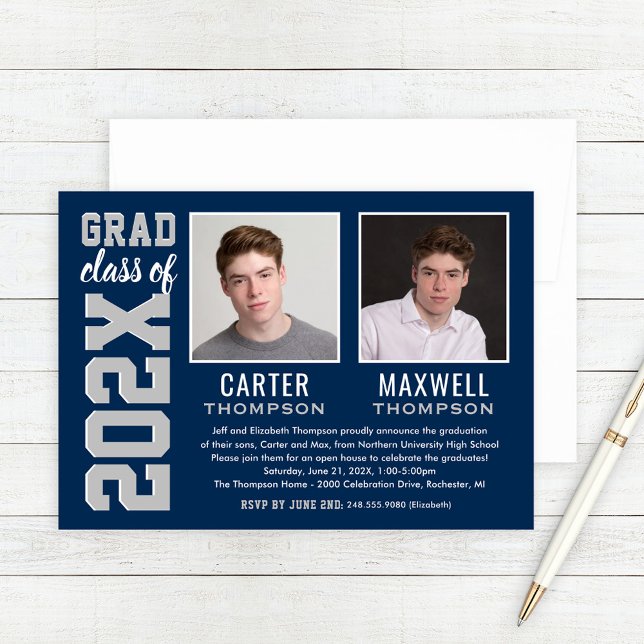 Invitation Two Graduates Navy Gray Graduation Party Photo (Créateur téléchargé)