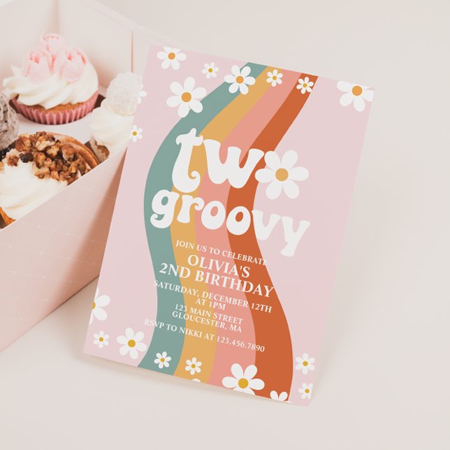Invitation TWO Groovy marguerite arc-en-ciel 2e anniversaire (Créateur téléchargé)