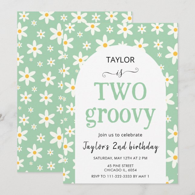 Invitation TWO groovy Mint Green Daisy 2nd Birthday (Devant / Derrière)