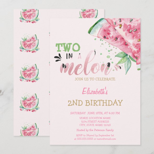 Invitation Two In A Melon Watermelons Pink 2e anniversaire (Devant / Derrière)
