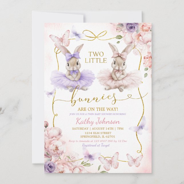 Invitation Two Little Bunnies Twins Floral Girl Baby Shower (Devant)