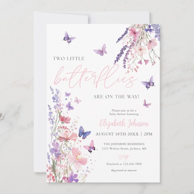 Invitation Two Little Butterflies Baby Shower Photo QR Code (Devant)