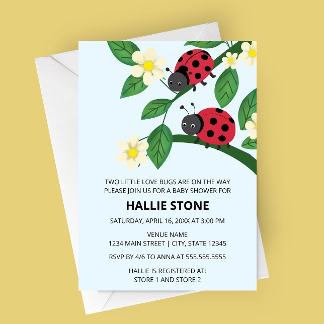 Invitation Two Little Love Bugs Ladybug Baby Shower (Two Little Love Bugs Ladybug Baby Shower Invite | Floral Garden Twin Shower Invitation)