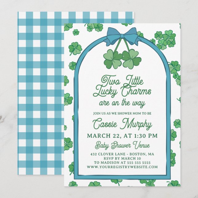 Invitation Two Lucky Charms Clovers Boy Twins Baby Shower (Devant / Derrière)