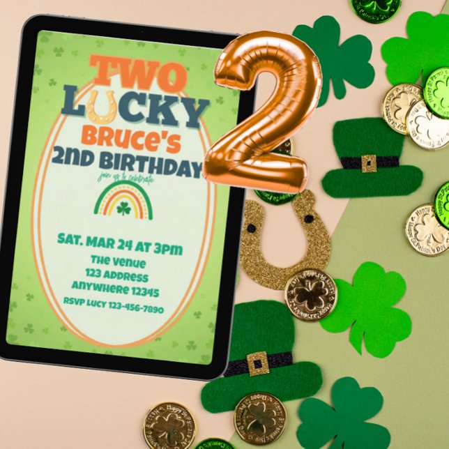 Invitation Two Lucky Orange Shamrock Rainbow 2nd Birthday  (Créateur téléchargé)