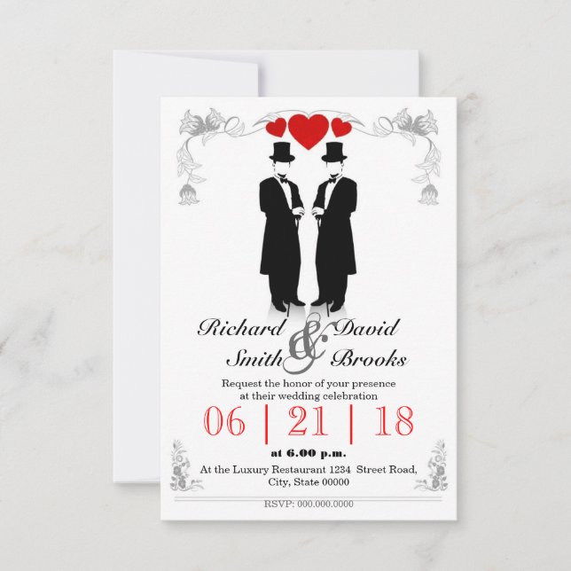 Invitation Two men in tuxedo with hats - Gay wedding (Devant)
