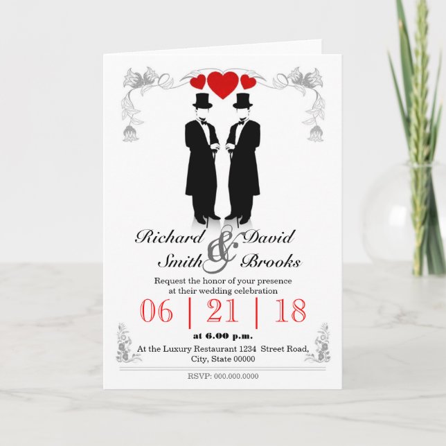 Invitation Two men in tuxedo with hats - Gay wedding (Devant)