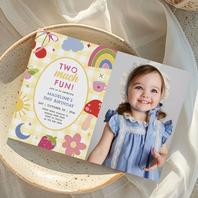 Invitation Two Much Fun Retro Hand Drawn 2nd Birthday Photo (Créateur téléchargé)