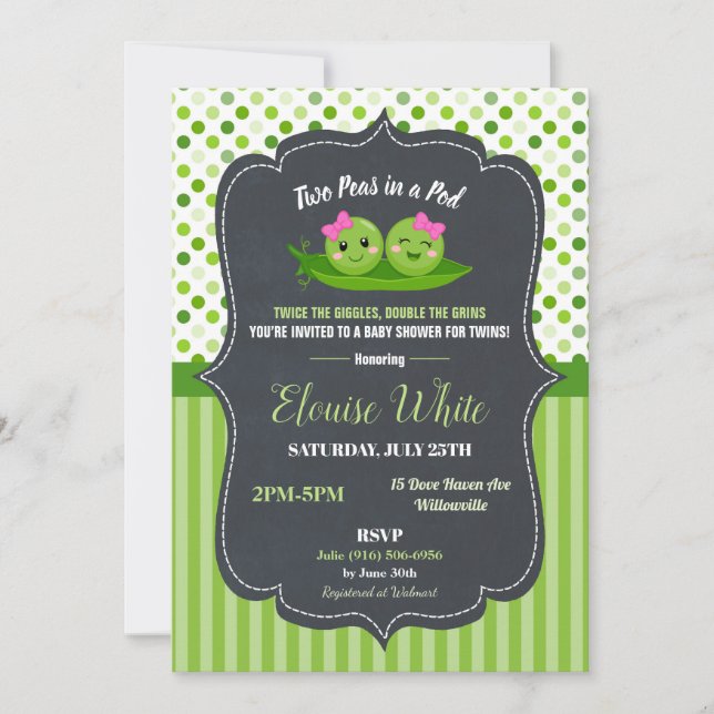 Invitation Two Peas in a Pod Baby Shower Twins Baby Girls (Devant)
