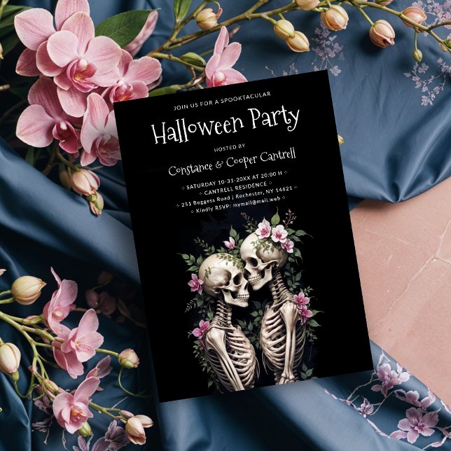 Invitation Two Romantic Gothic Human Skeletons Embracing (Two Romantic Gothic Human Skeletons Embracing Surrounded By Lush Floral Arrangements Halloween Party)