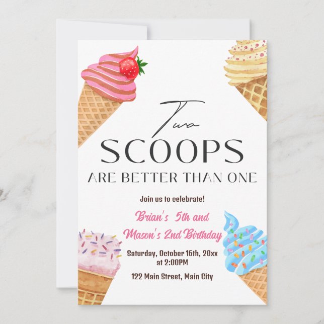 Invitation Two Scoops Are Better Than One Birthday Party (Devant)