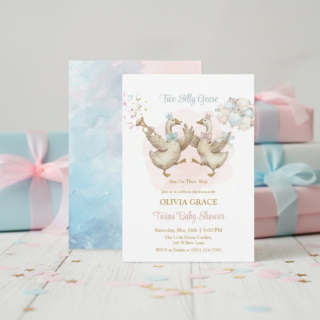 Invitation Two Silly Geese Pink And Blue Twins Baby Shower (Créateur téléchargé)