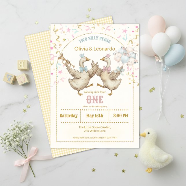 Invitation Two Silly Geese Twins Boy & Girl Birthday  (Créateur téléchargé)